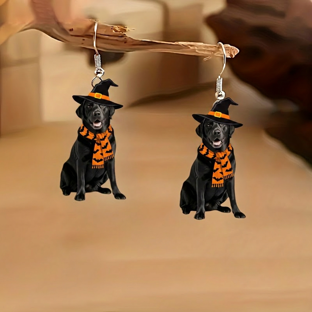 Black Labrador Retriever Witch Hat Bat Print Scarf Halloween Earrings