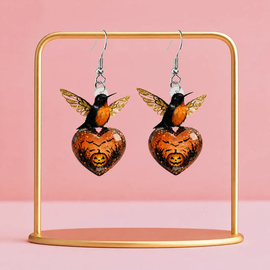 Halloween Hummingbird Heart Dangle Earrings