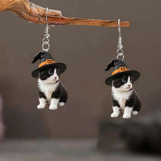Tuxedo Kitten Wearing Witch Hat Halloween Acrylic Earrings