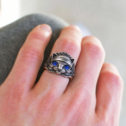 Natural Moonstone Cat Ring, Vintage S925 Blue Eye Moonstone Cat Head Ring for Men & Women