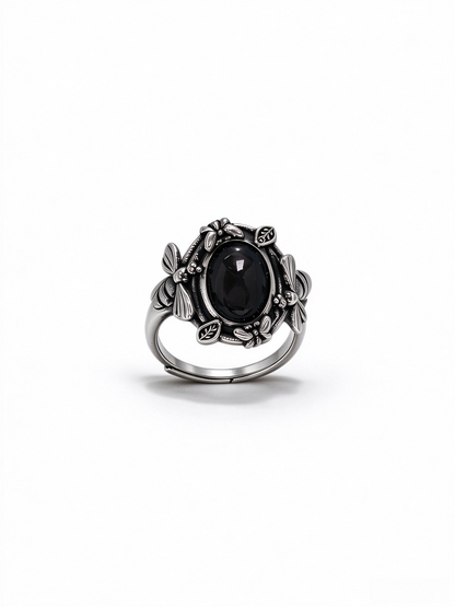 Natural Gold Sheen Obsidian Dragonfly Ring, Vintage S925 Unisex Adjustable Ring, Golden Luck Stone Jewelrye Open Ring