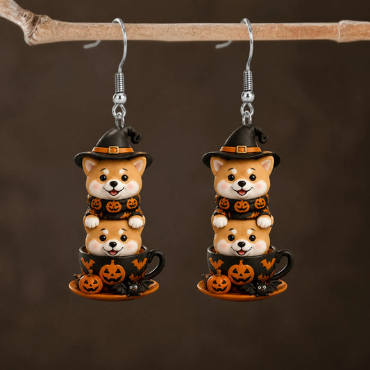Stacked Shiba Inu Puppies Witch Hat Halloween Earrings