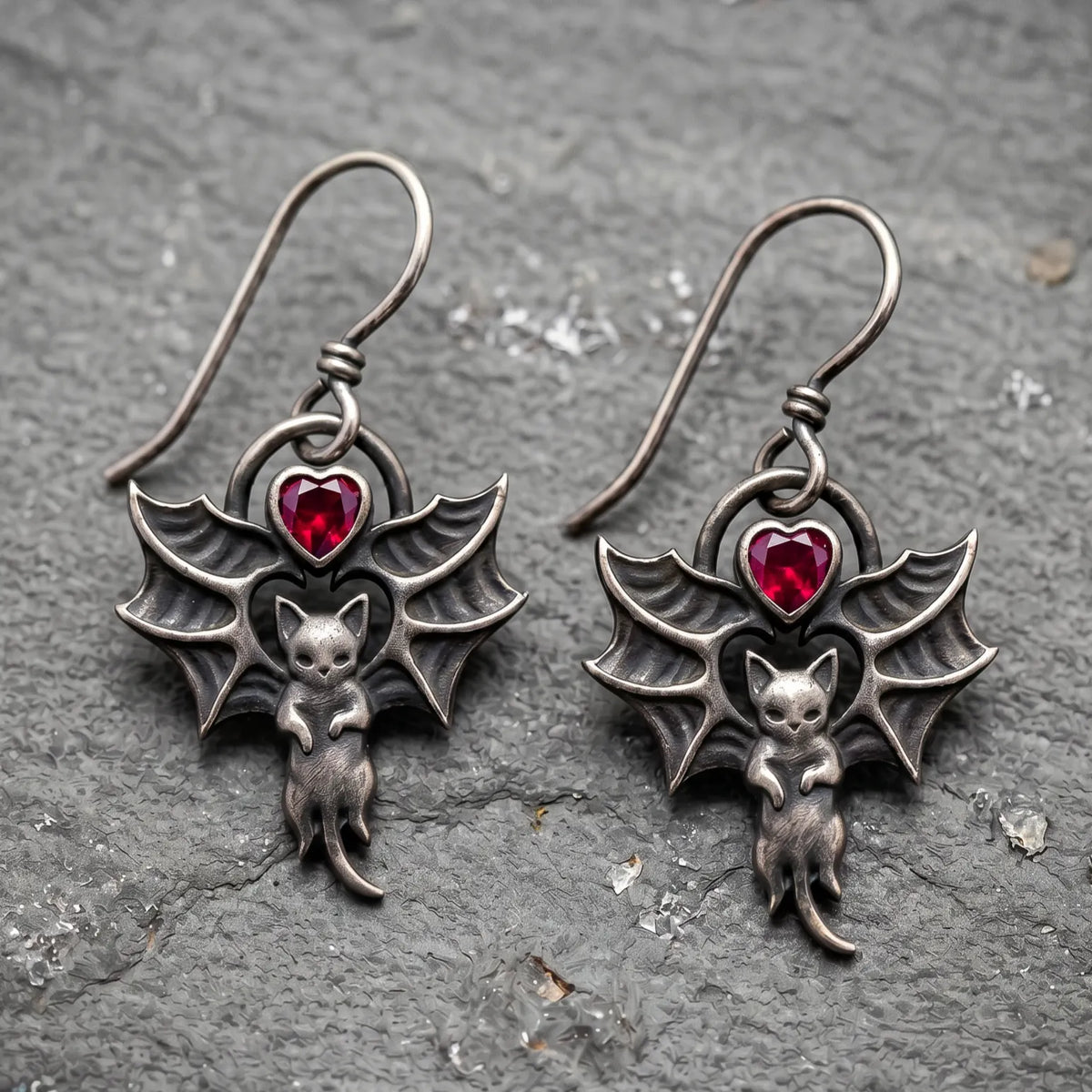 Vintage Bat Wing Cat Heart Red Gem Drop Earrings