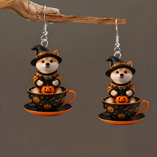 Shiba Inu Witch Hat Sitting In Halloween Teacup Earrings
