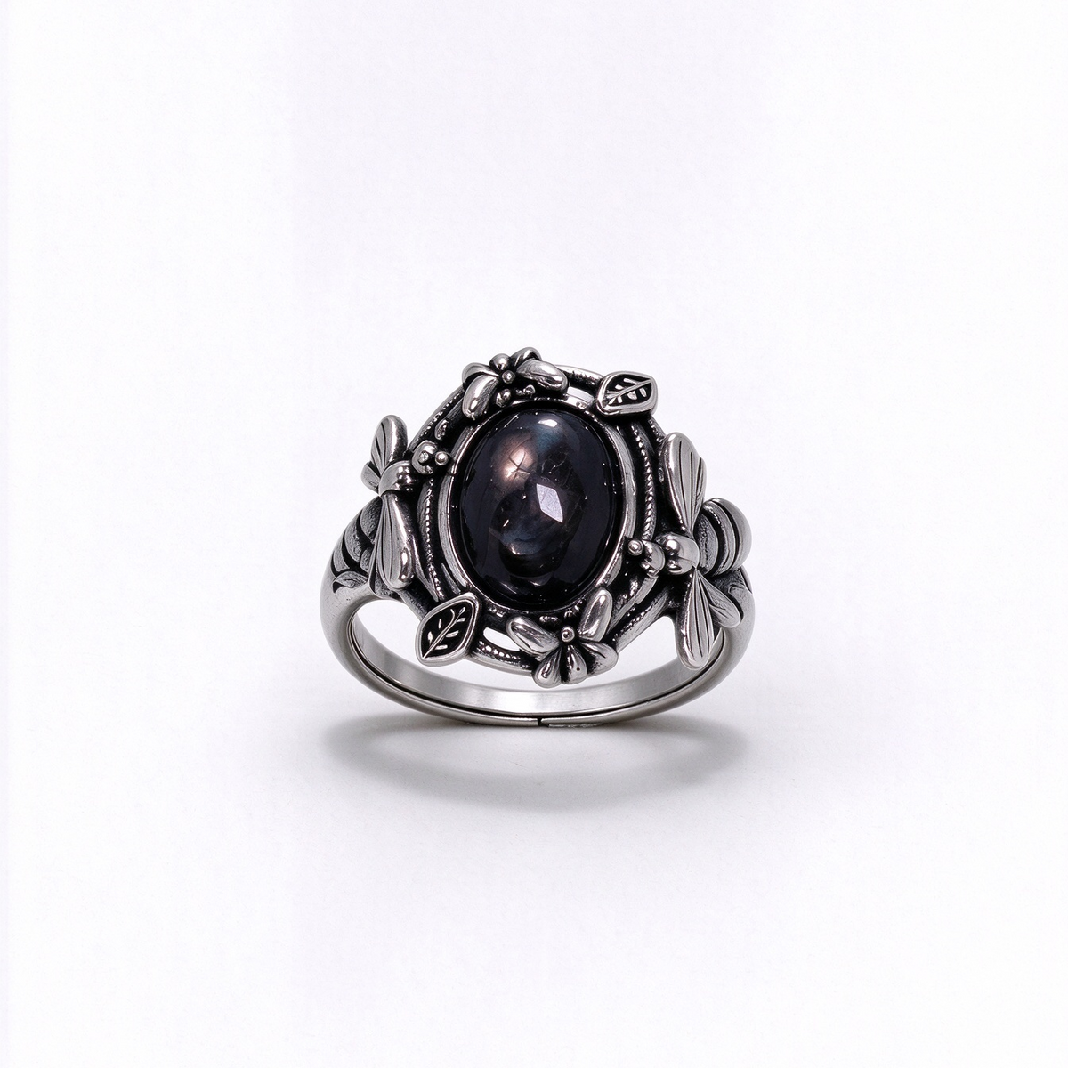Natural Gold Sheen Obsidian Dragonfly Ring, Vintage S925 Unisex Adjustable Ring, Golden Luck Stone Jewelrye Open Ring