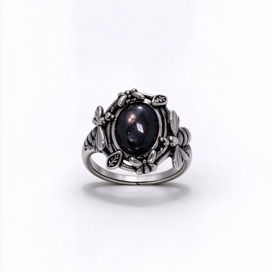 Natural Gold Sheen Obsidian Dragonfly Ring, Vintage S925 Unisex Adjustable Ring, Golden Luck Stone Jewelrye Open Ring