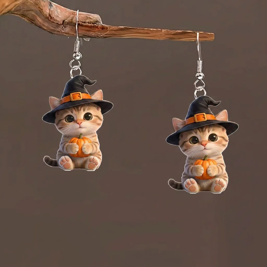 Witch Kitten Holding Pumpkin Halloween Acrylic Earrings