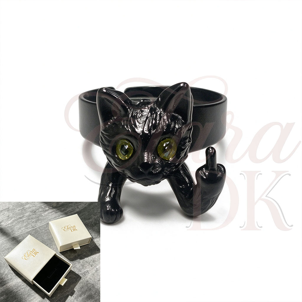 Black Cat Middle Finger Adjustable Open Ring & Earring