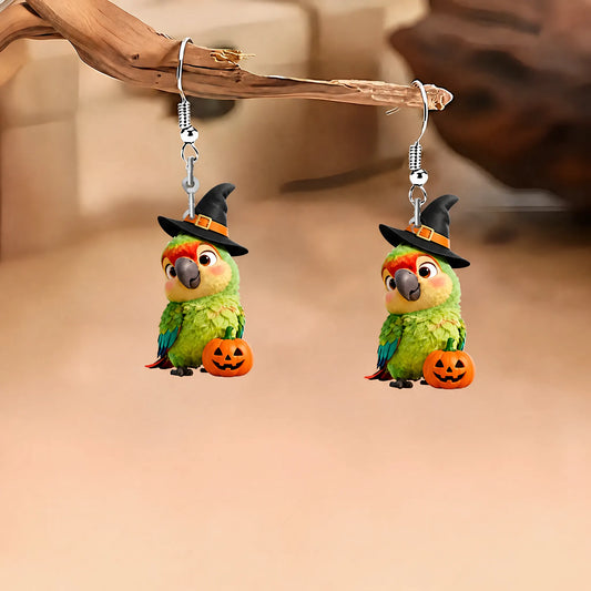 Halloween Witch Parrot Pumpkin Acrylic Earrings