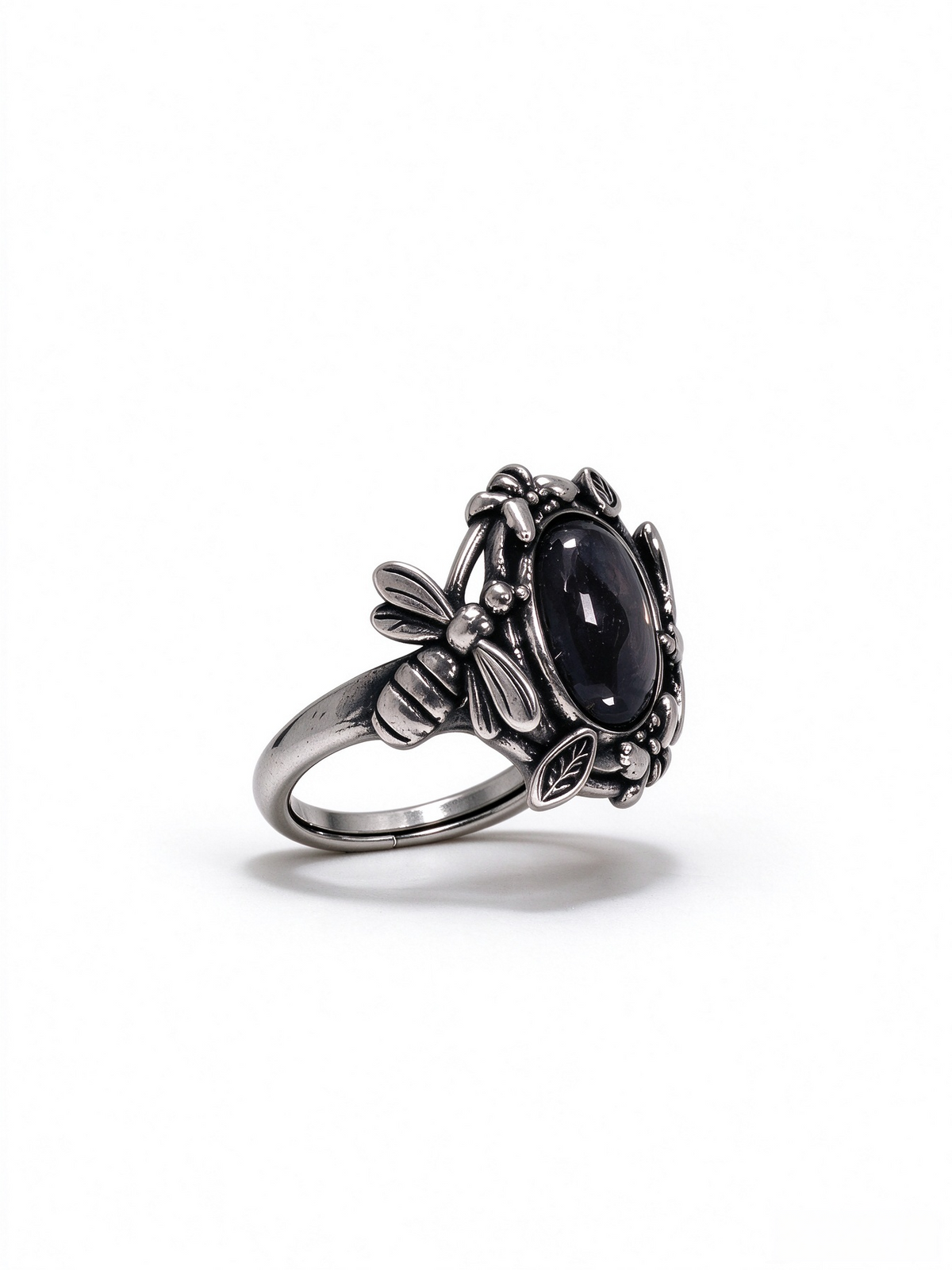 Natural Gold Sheen Obsidian Dragonfly Ring, Vintage S925 Unisex Adjustable Ring, Golden Luck Stone Jewelrye Open Ring
