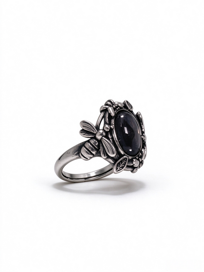 Natural Gold Sheen Obsidian Dragonfly Ring, Vintage S925 Unisex Adjustable Ring, Golden Luck Stone Jewelrye Open Ring