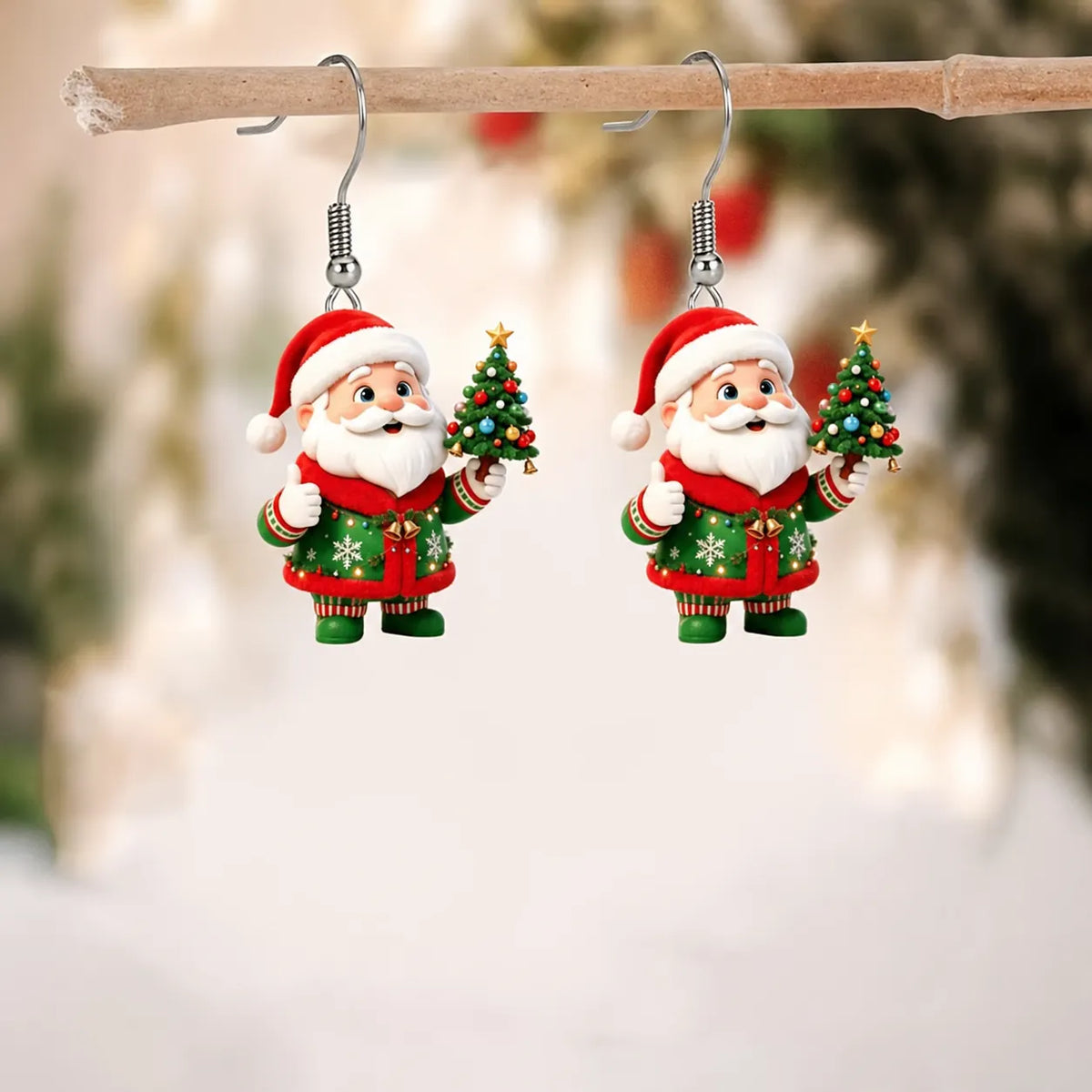 Santa Claus Holding Mini Christmas Tree Dangle Earrings