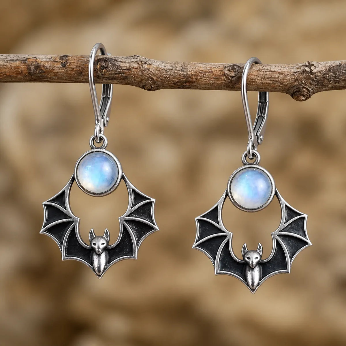 Vintage Gothic Bat Moonstone Drop Earrings