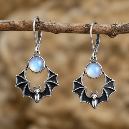 Vintage Gothic Bat Moonstone Drop Earrings