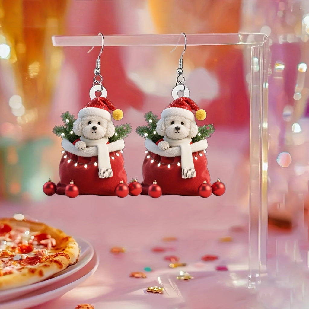 Christmas Cute Poodle in Santa Hat & Scarf Acrylic Earrings