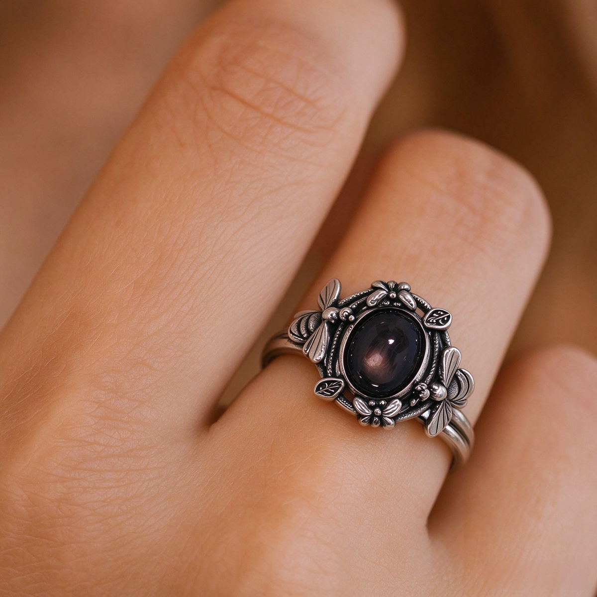Natural Gold Sheen Obsidian Dragonfly Ring, Vintage S925 Unisex Adjustable Ring, Golden Luck Stone Jewelrye Open Ring