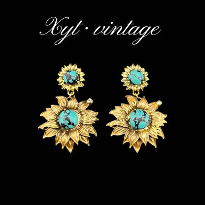Vintage Sunflower Turquoise Earrings