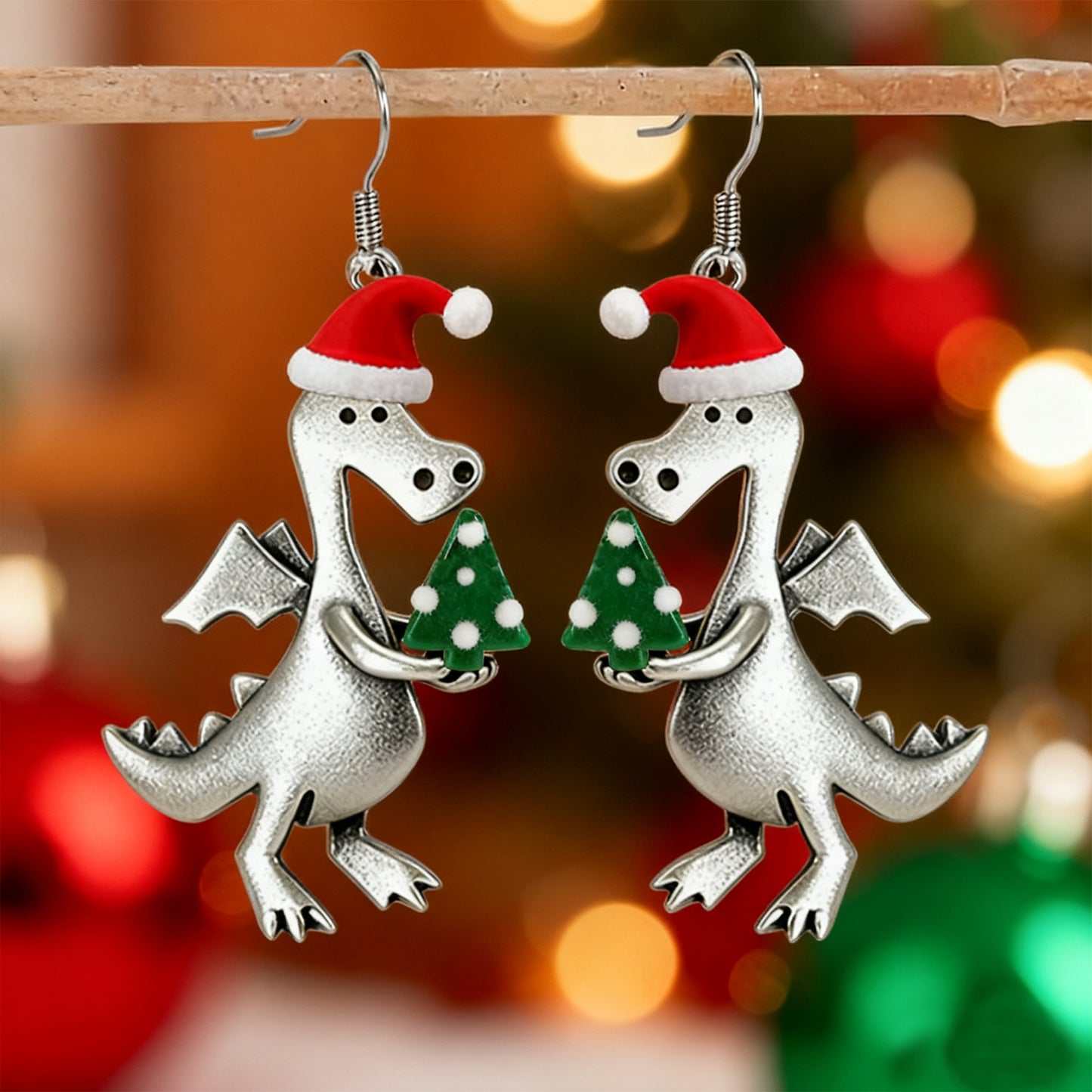 Christmas Santa Hat Holding A Small Christmas Tree Dinosaur Earrings