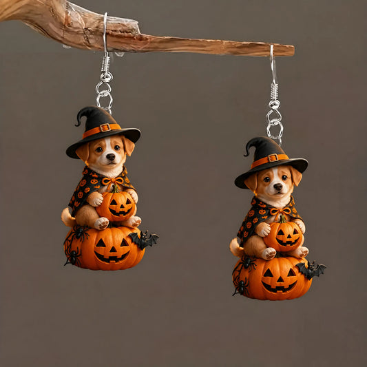Beagle Puppy Witch Cloak Sitting On Stacked Pumpkins Halloween Earrings