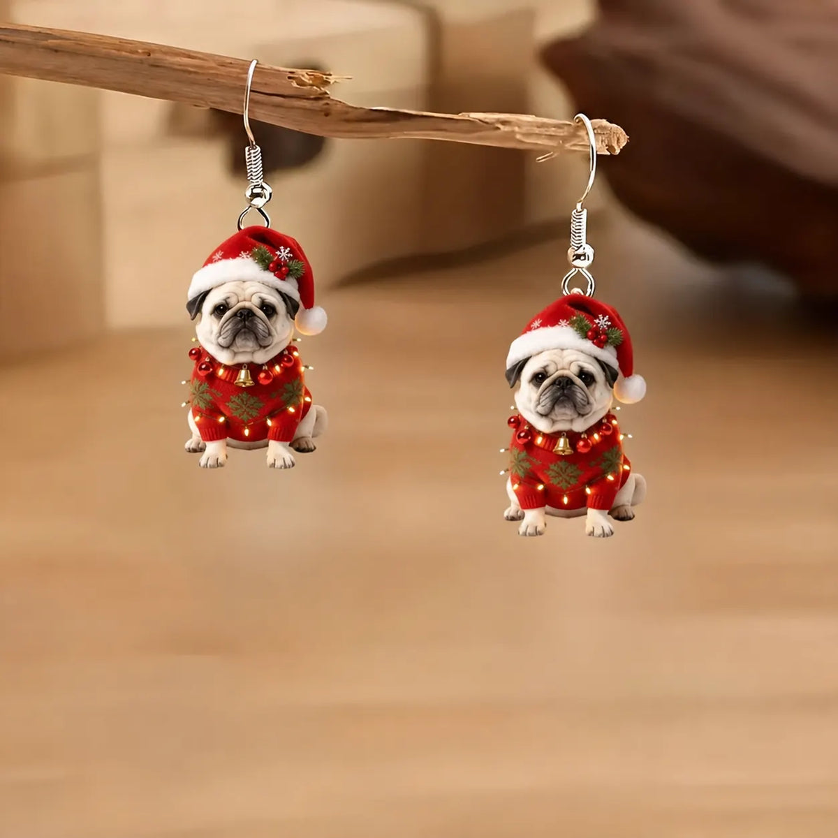 Christmas Pug Dog Dangle Earrings