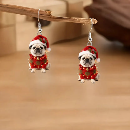 Christmas Pug Dog Dangle Earrings