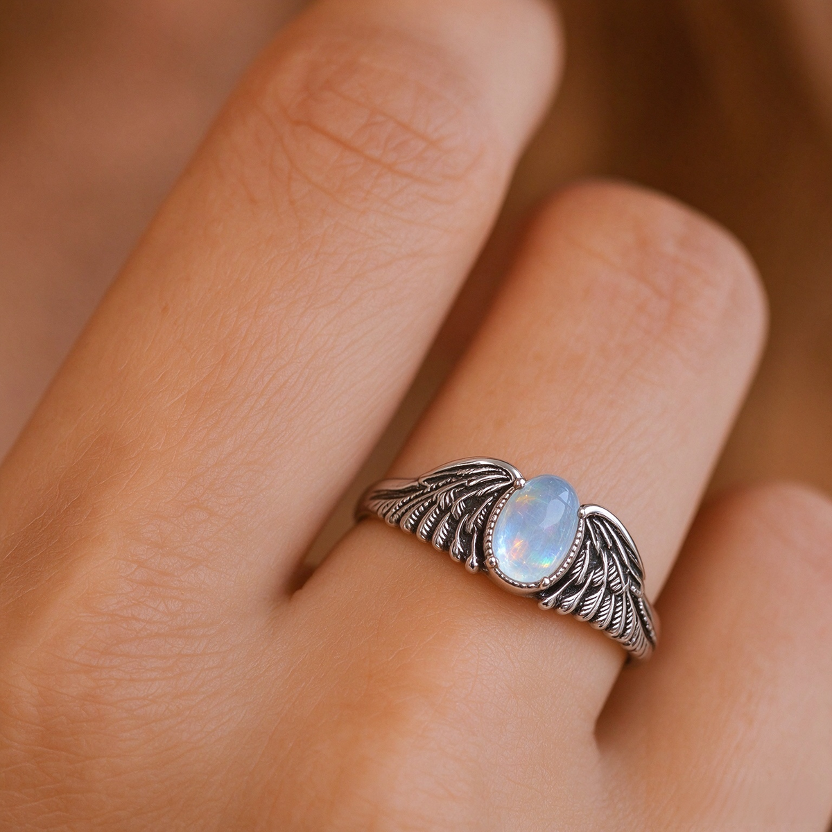Natural Aquamarine Angel Wing Ring, Vintage S925 Unisex Adjustable Aquamarine Ring