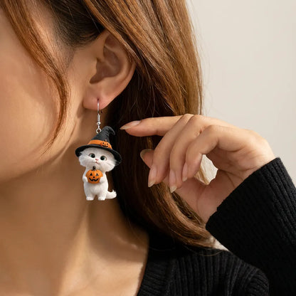 Fluffy White Kitten Witch Hat Holding Pumpkin Halloween Earrings
