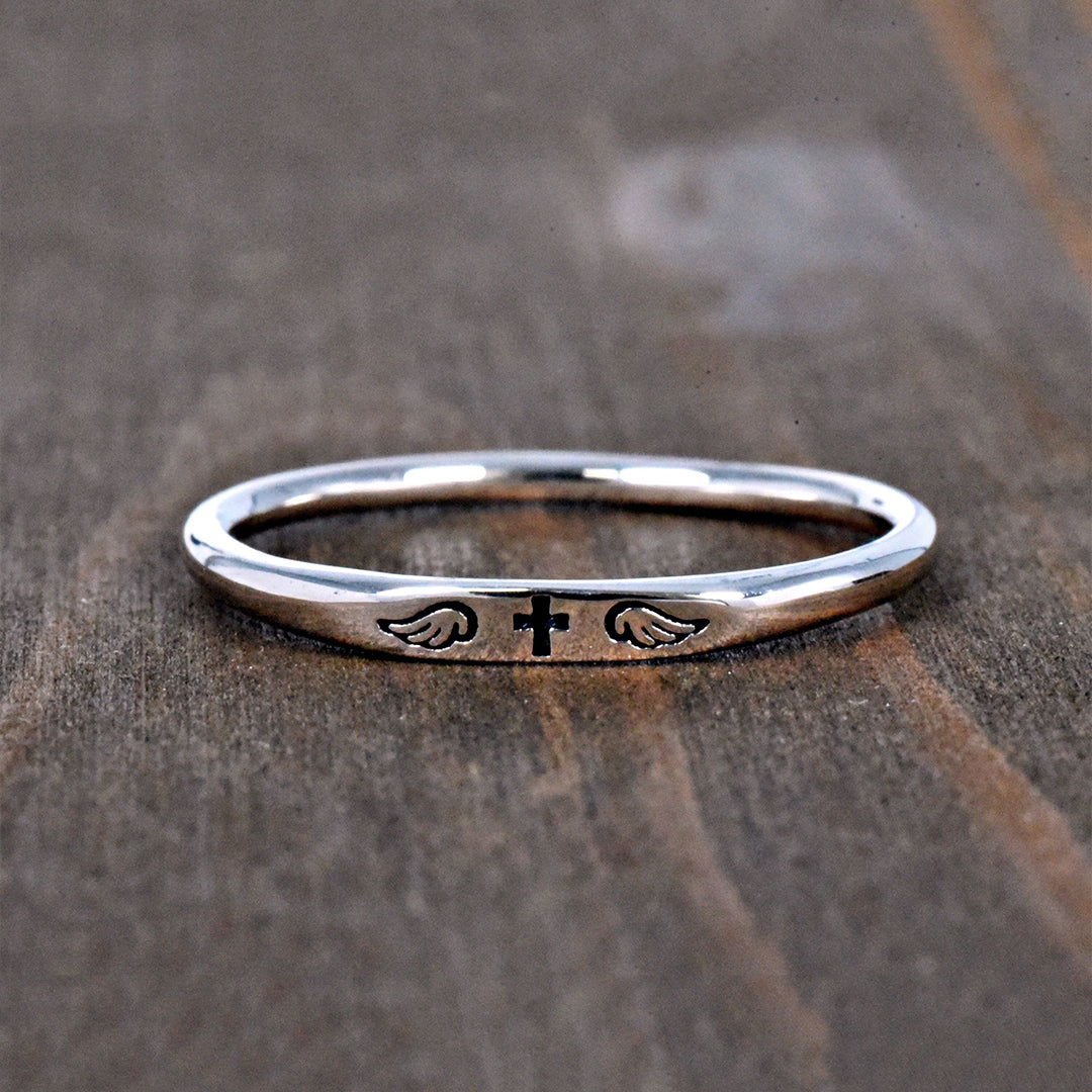 For Memorial - Tiny Cross With Wings Ring