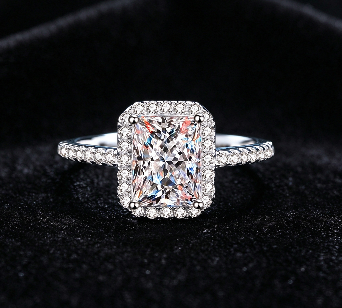 Sparkling Radiant Cut Moissanite Halo Engagement Ring, 925 Sterling Silver Paved Shiny Band Wedding Promise Ring for Women