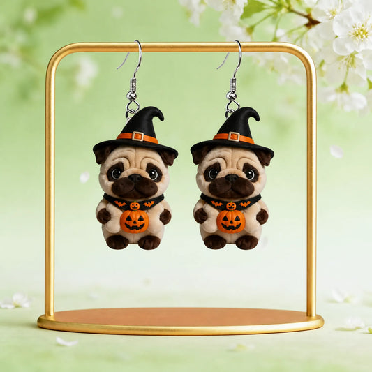 Halloween Pug Dog Witch Dangle Earrings