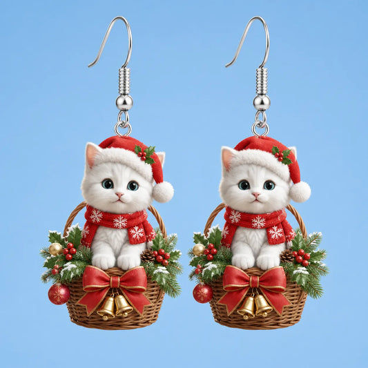 Vintage Christmas Kitten Basket Dangle Earrings