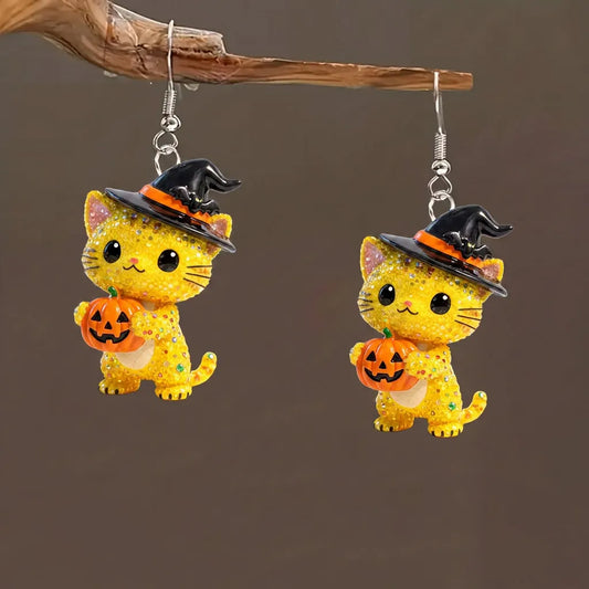 Sparkly Yellow Rhinestone Witch Cat Holding Pumpkin Halloween Earrings
