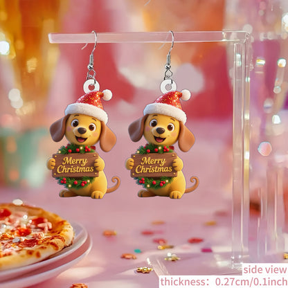 Christmas Cute Dog With Merry Christmas  Earrings