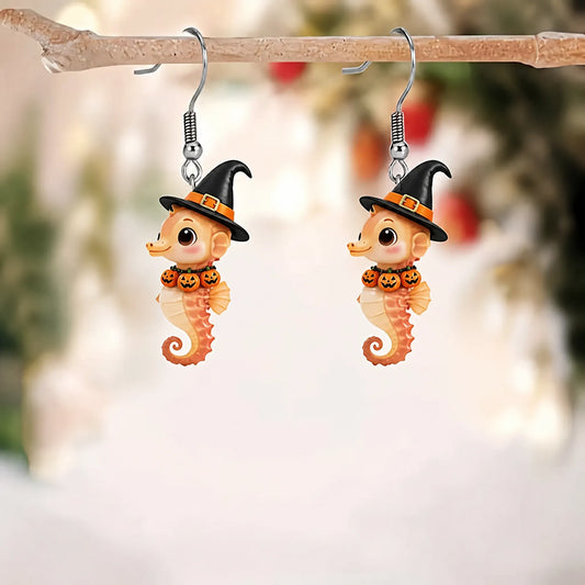 Seahorse Witch Hat Pumpkin Garland Halloween Earrings