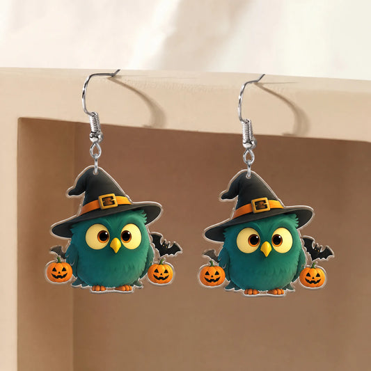 Green Owl Witch Hat Bat Halloween Acrylic Earrings