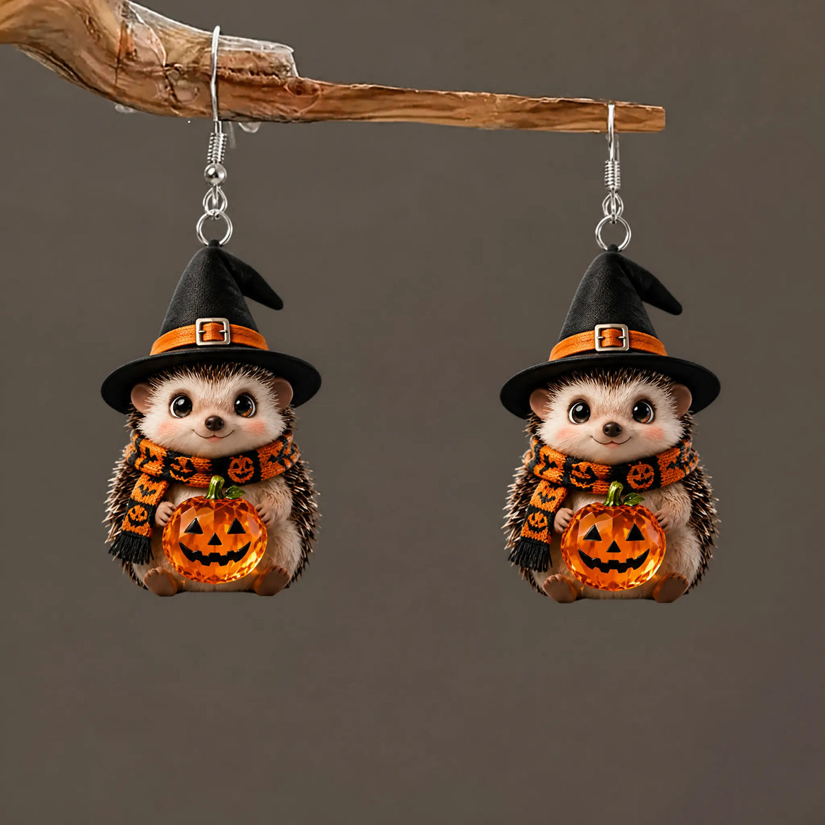 Cute Hedgehog Witch Hat Bat Print Scarf Halloween Earrings