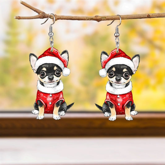 Christmas Chihuahua Earrings - Red & White Santa Hat Design