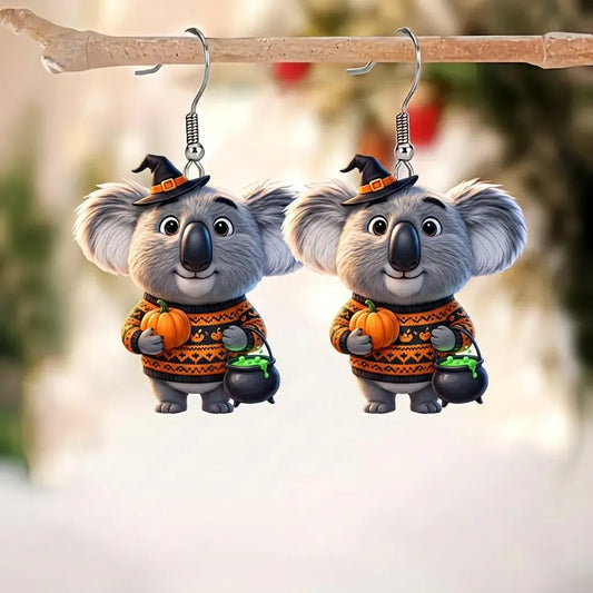 Cartoon Koala Witch Sweater Pumpkin Cauldron Halloween Earrings