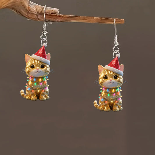 Christmas Kitten Earrings with Santa Hats & Rainbow Accents