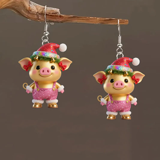Christmas Acrylic Cute Pig Earrings with Santa Hat & Jingle Bells