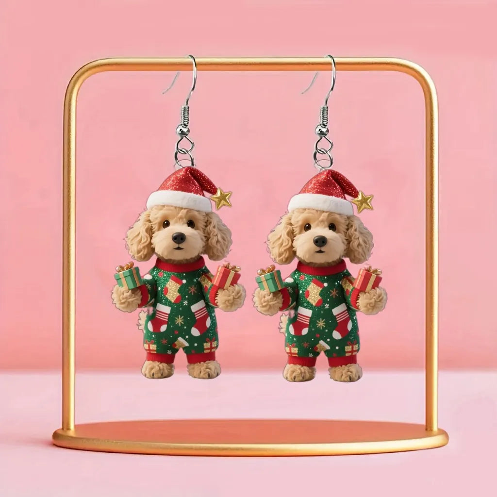 Christmas Cute Puppy Dog Handing Gift Earrings