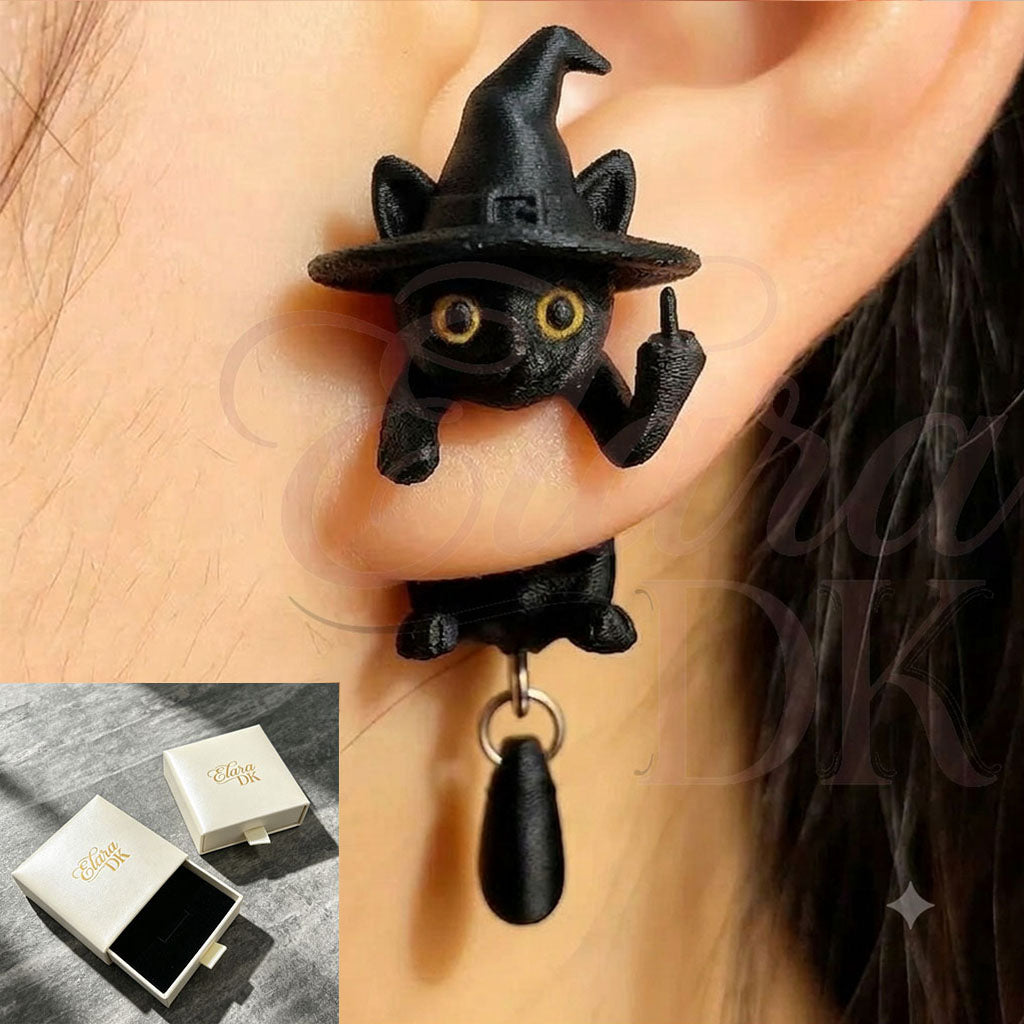Halloween - Witch's Hat Black Cat Middle Finger Earring