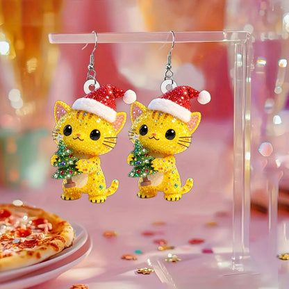 Christmas Cute Yellow Cat Holding Christmas Tree Design Earrings
