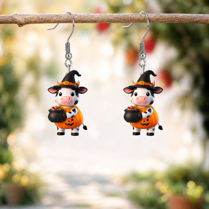 Cartoon Dairy Cow Pumpkin Outfit Witch Candy Pot Earrings