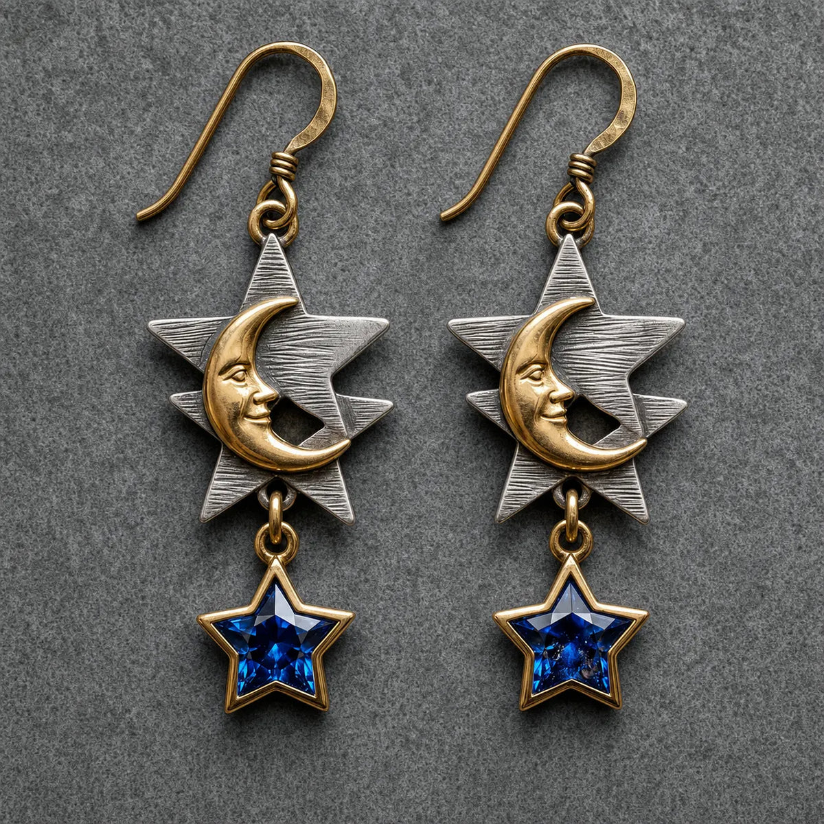 Vintage Two?\Tone Moon Star Dangle Earrings