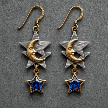 Vintage Two?\Tone Moon Star Dangle Earrings