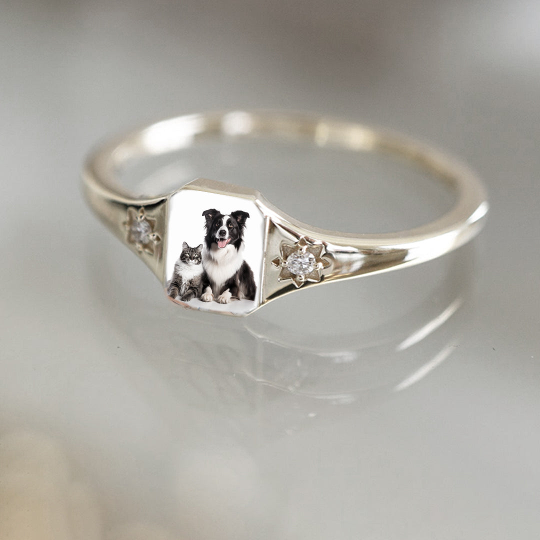 "Angel's Companion" Pet Portrait & Birthstone Personalized Memorial Ring