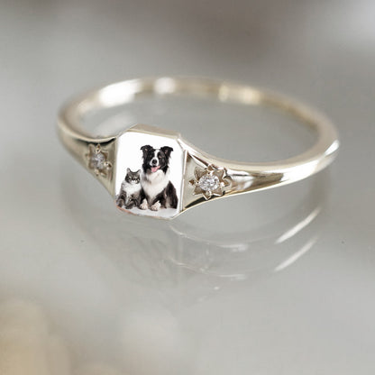 "Angel's Companion" Pet Portrait & Birthstone Personalized Memorial Ring