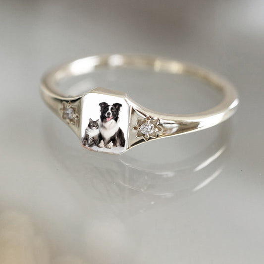"Angel's Companion" Pet Portrait & Birthstone Personalized Memorial Ring