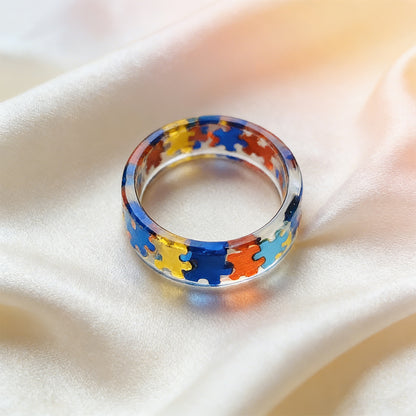 Autism Awareness-Transparent Resin Puzzle Ring - Shipped after 4 Weeks